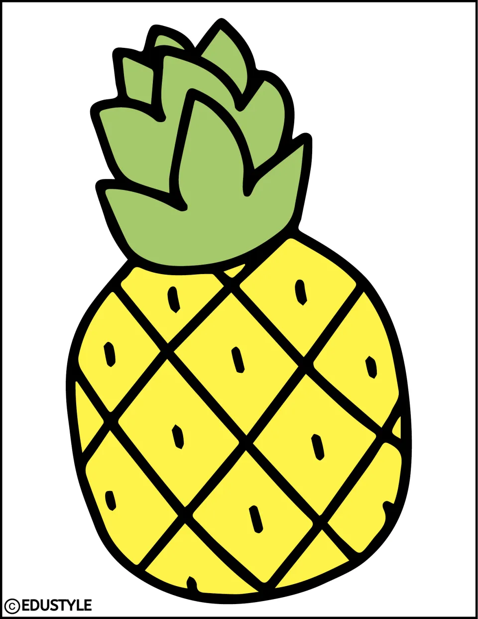 Large pineapple cut-out: a yellow crosshatched pineapple with a green leafy crown that fills the whole page