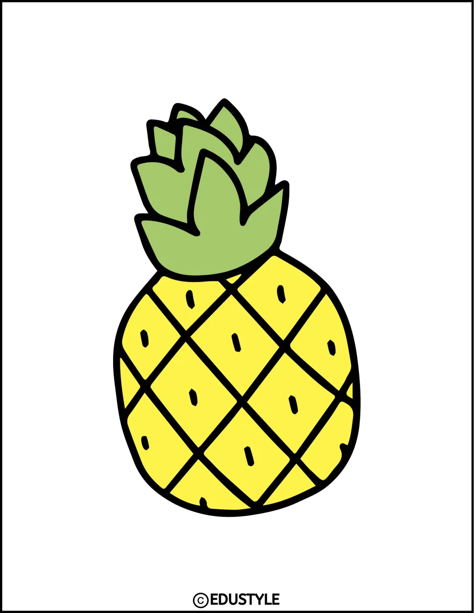 Medium pineapple cut-out with a green crown and yellow diamond-patterned skin, centered on the page for cutting