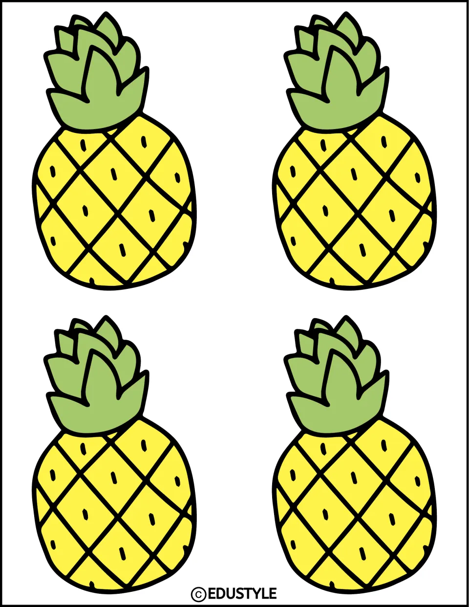 Four small pineapple cut-outs with green crowns and yellow diamond skin, arranged two by two for quick cutting