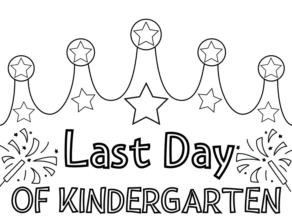 Last Day of Kindergarten crown in black outline: students color the stars, sparklers and bubble letters, then cut it out