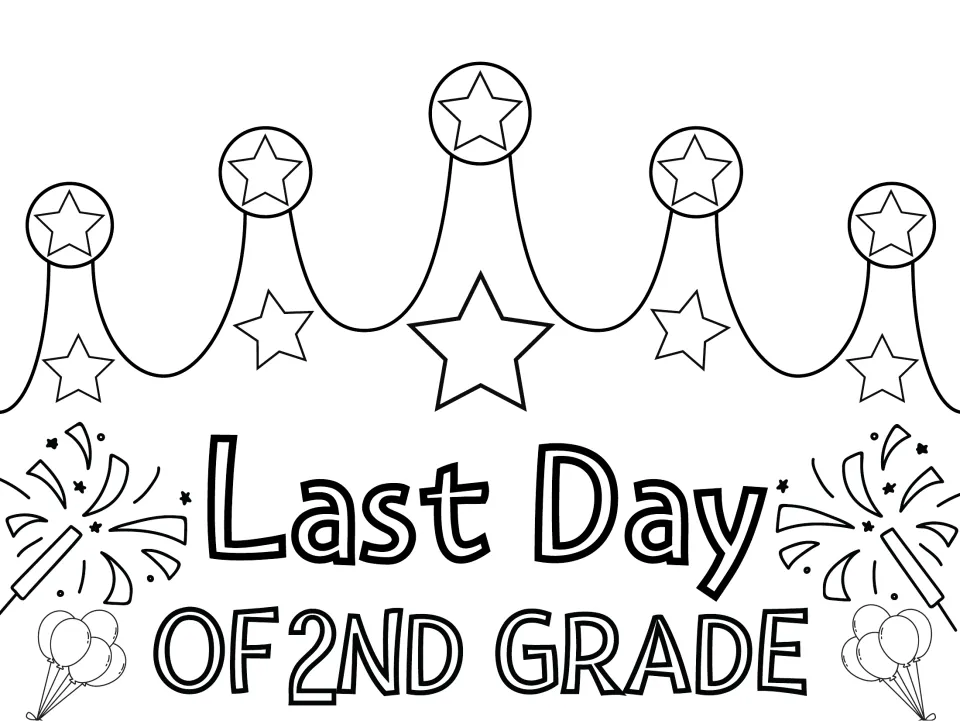 Last Day of 2nd Grade crown in black outline: students color the stars, sparklers, balloons and letters before cutting