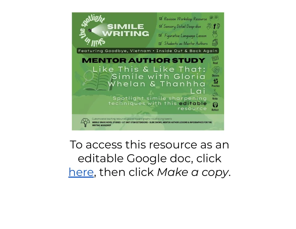 Simile writing mentor author study cover: Like This & Like That, similes from Gloria Whelan and Thanhha Lai, with doc link