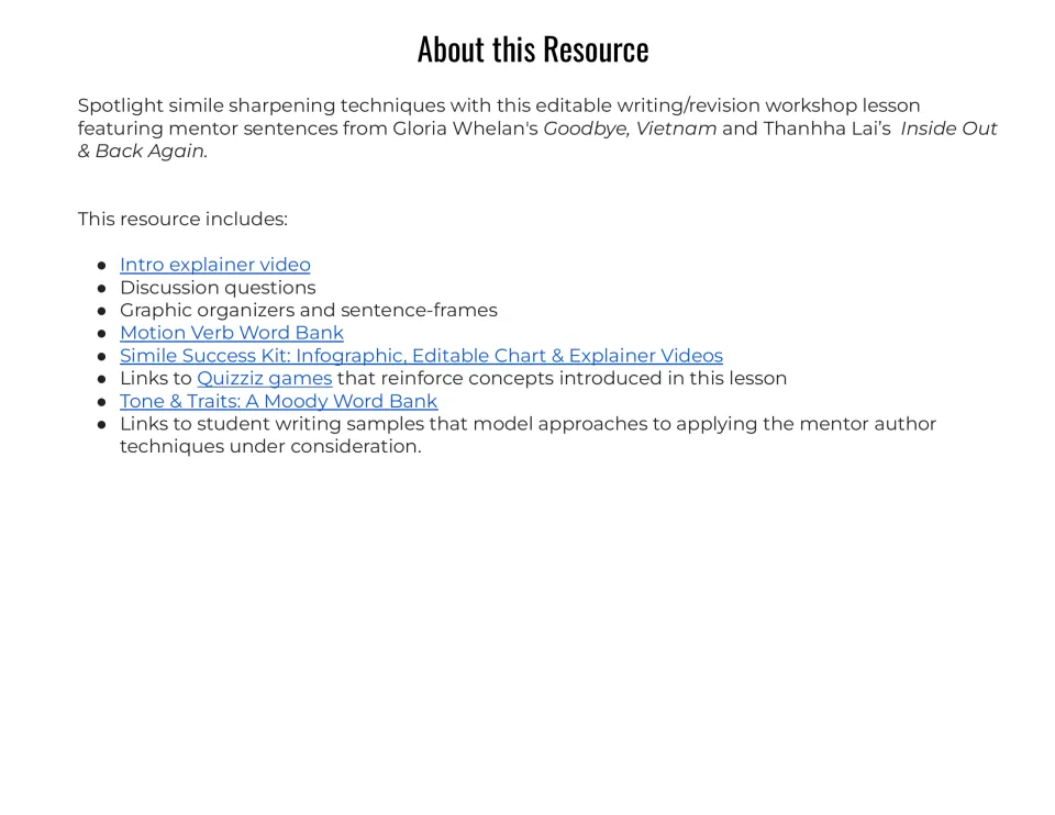 About this Resource: simile revision lesson overview listing explainer video, discussion questions, organizers, word banks