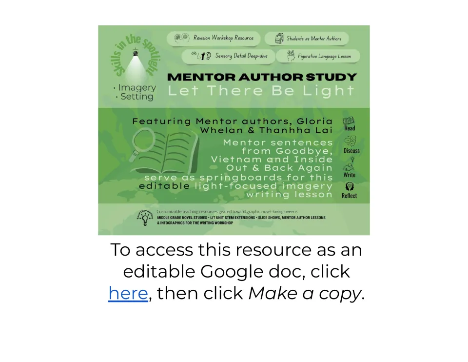 Let There Be Light mentor author study cover: Whelan and Lai mentor sentences for an imagery and setting writing lesson