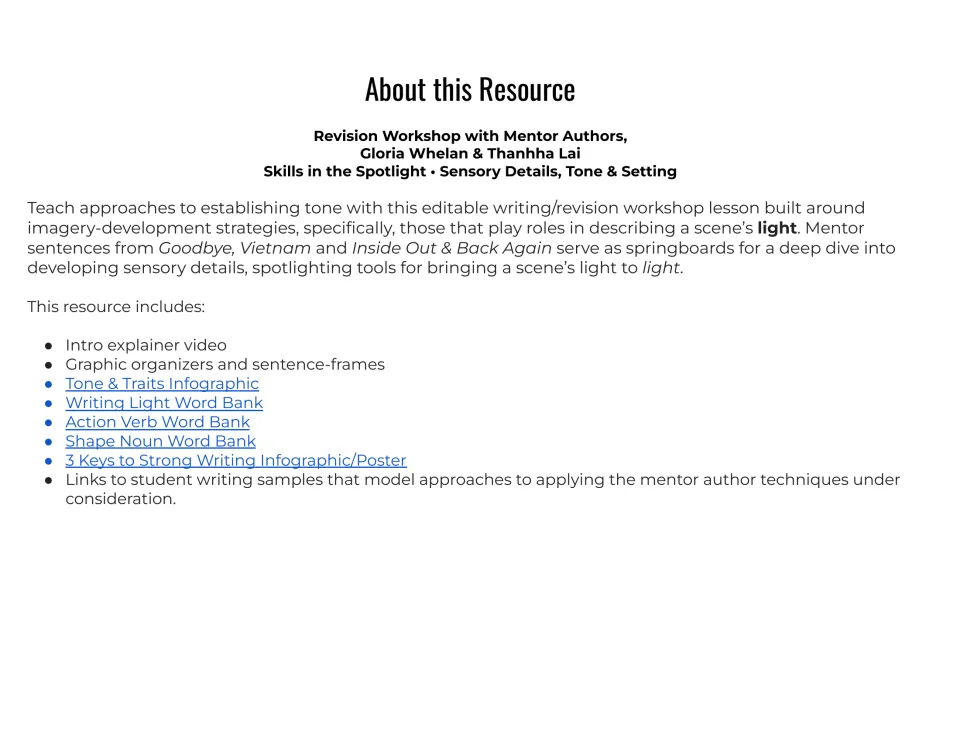 About this Resource: overview of a light-focused revision workshop on sensory details, tone and setting, listing word banks