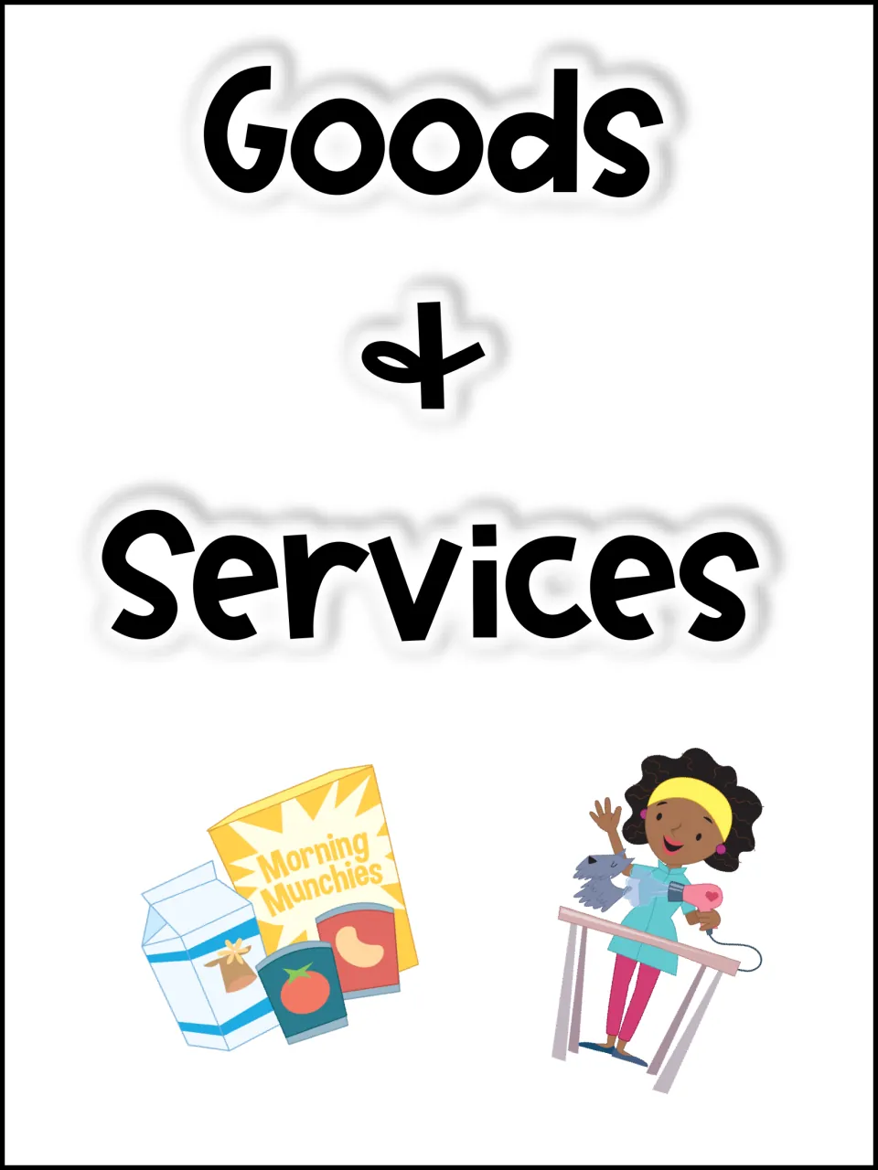 Goods & Services cover showing groceries clip art as a good and a dog groomer blow-drying a dog as a service