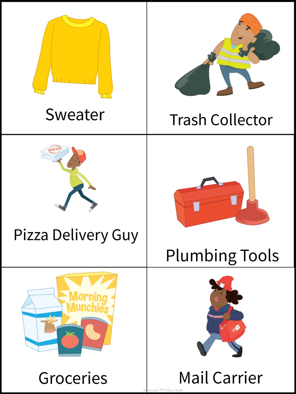 Goods vs. services color cards: sweater, trash collector, pizza delivery guy, plumbing tools, groceries and mail carrier