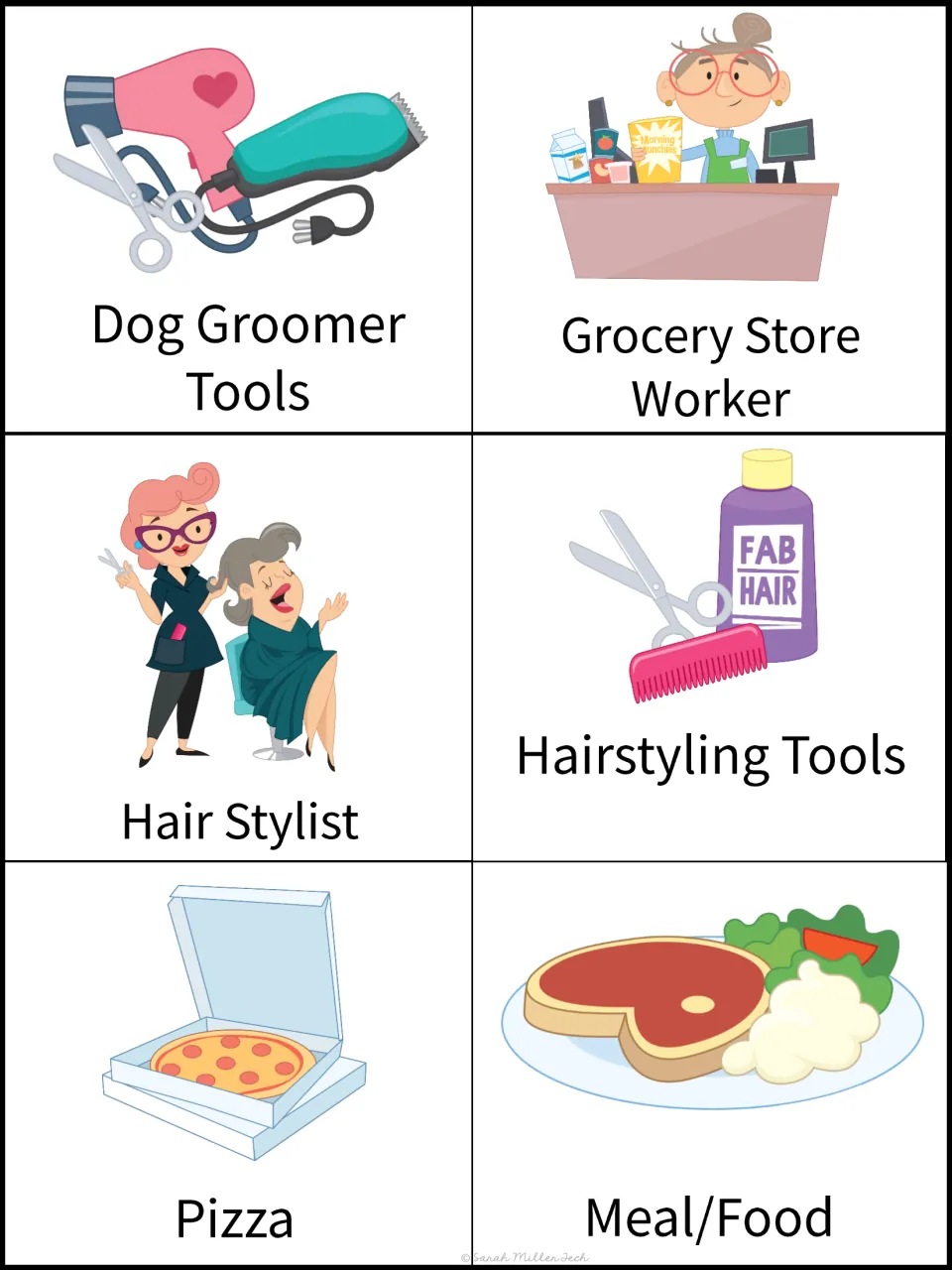 More color cards: dog groomer tools, grocery store worker, hair stylist, hairstyling tools, pizza and meal/food