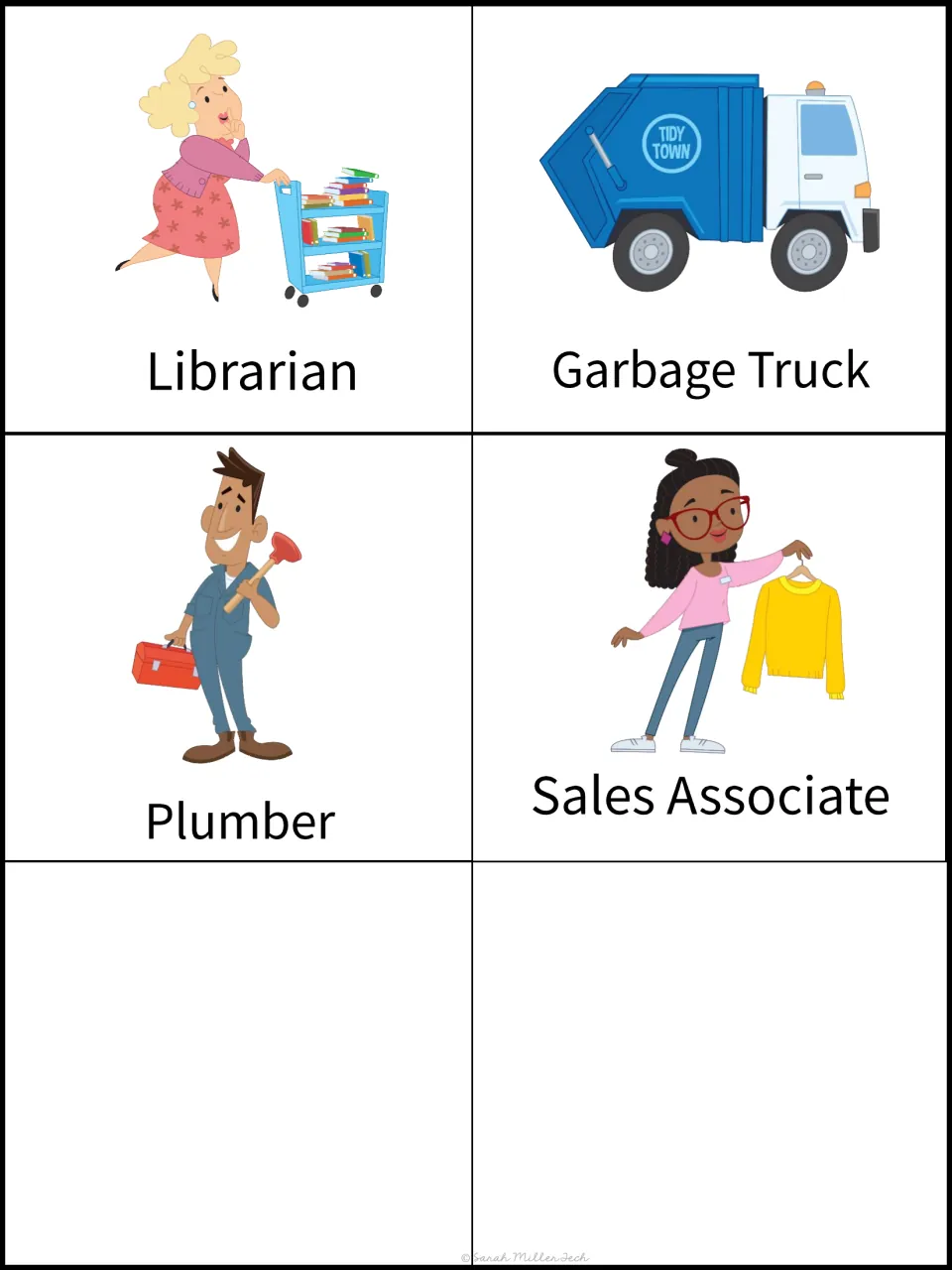 Final color sorting cards for classifying goods vs. services: librarian, garbage truck, plumber and sales associate