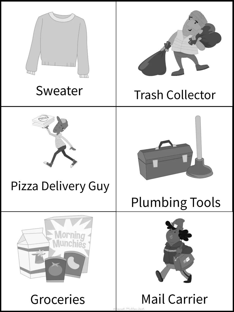 Black-and-white sorting cards: sweater, trash collector, pizza delivery guy, plumbing tools, groceries and mail carrier