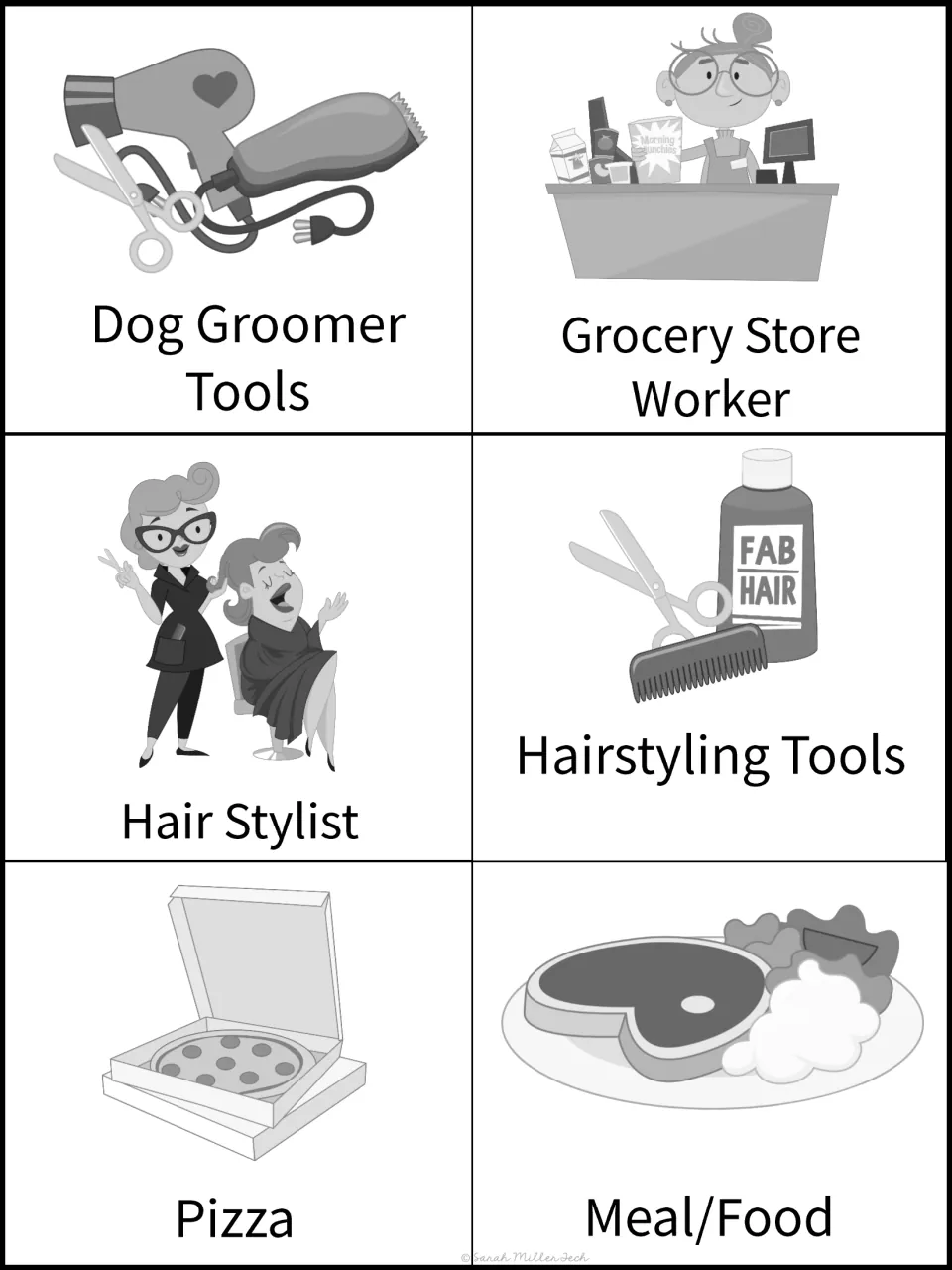 Grayscale cards: dog groomer tools, grocery store worker, hair stylist, hairstyling tools, pizza and meal/food
