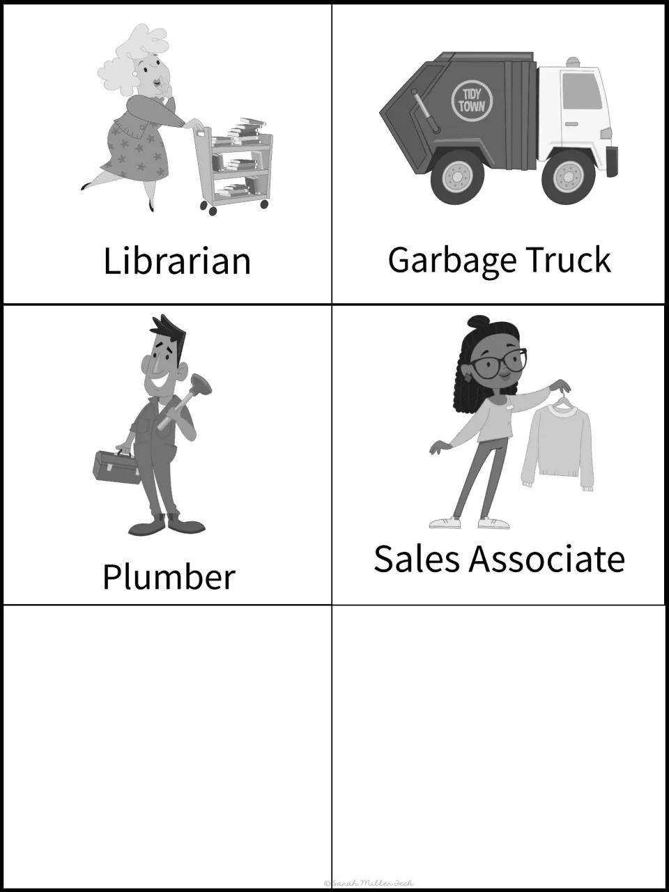 Black-and-white sorting cards for librarian, garbage truck, plumber and sales associate, ending the goods vs. services set