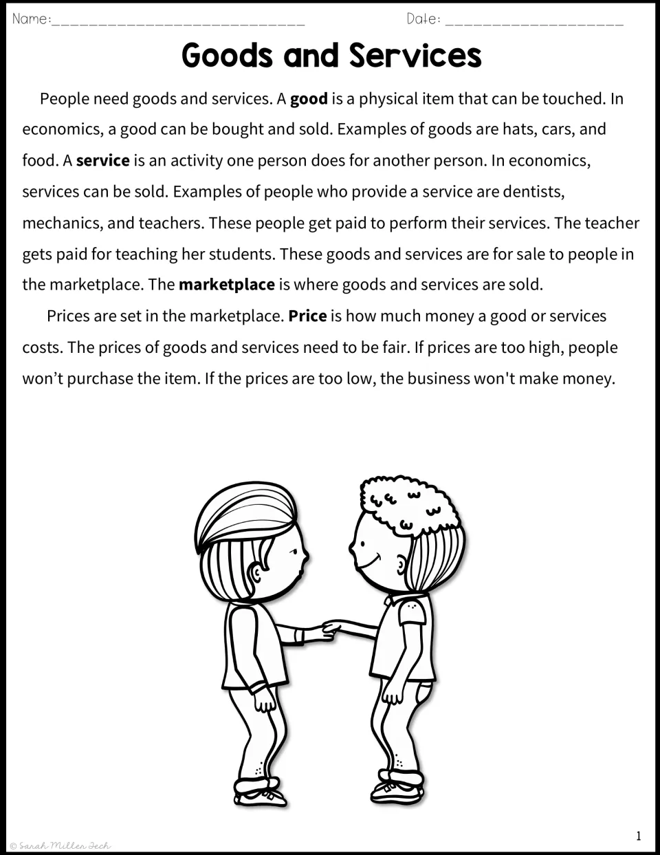 Reading passage defining goods, services, marketplace and price, with examples like hats, dentists and fair prices