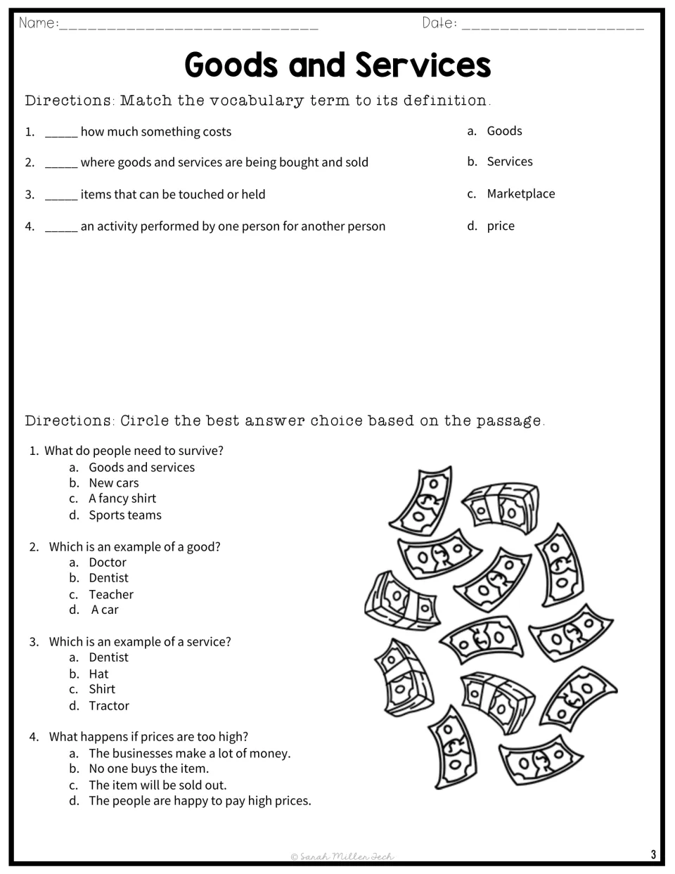Economics vocabulary match for price, marketplace, goods, services, plus multiple-choice questions 1 to 4 on the passage