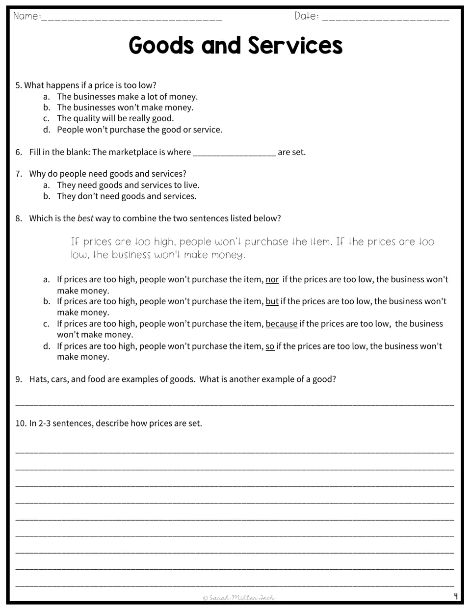 Pricing questions 5 to 10: multiple choice, a fill-in blank, combining two sentences and a short written answer on prices
