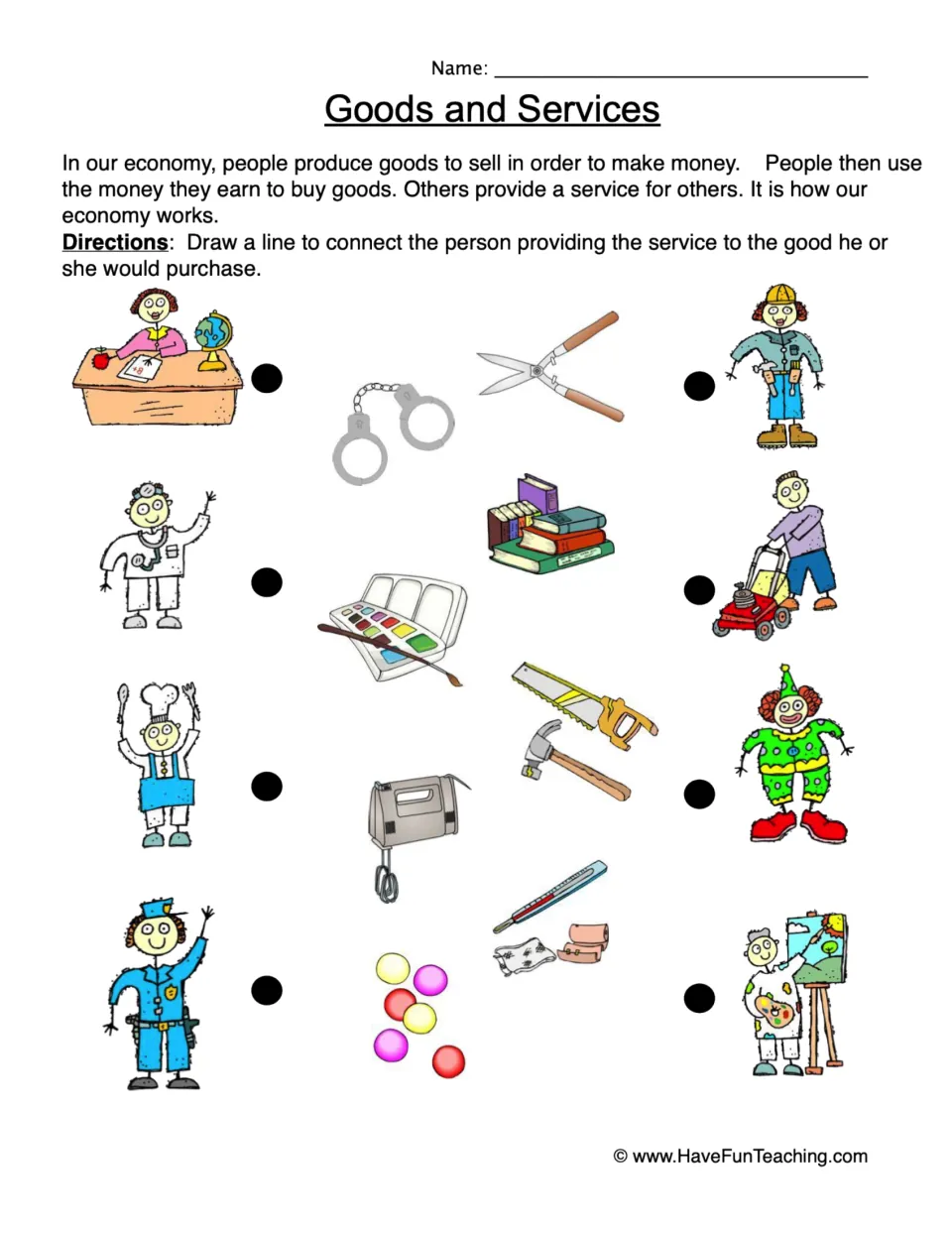 Goods and services matching: students draw lines from 8 workers, like a teacher and chef, to the tools each would buy
