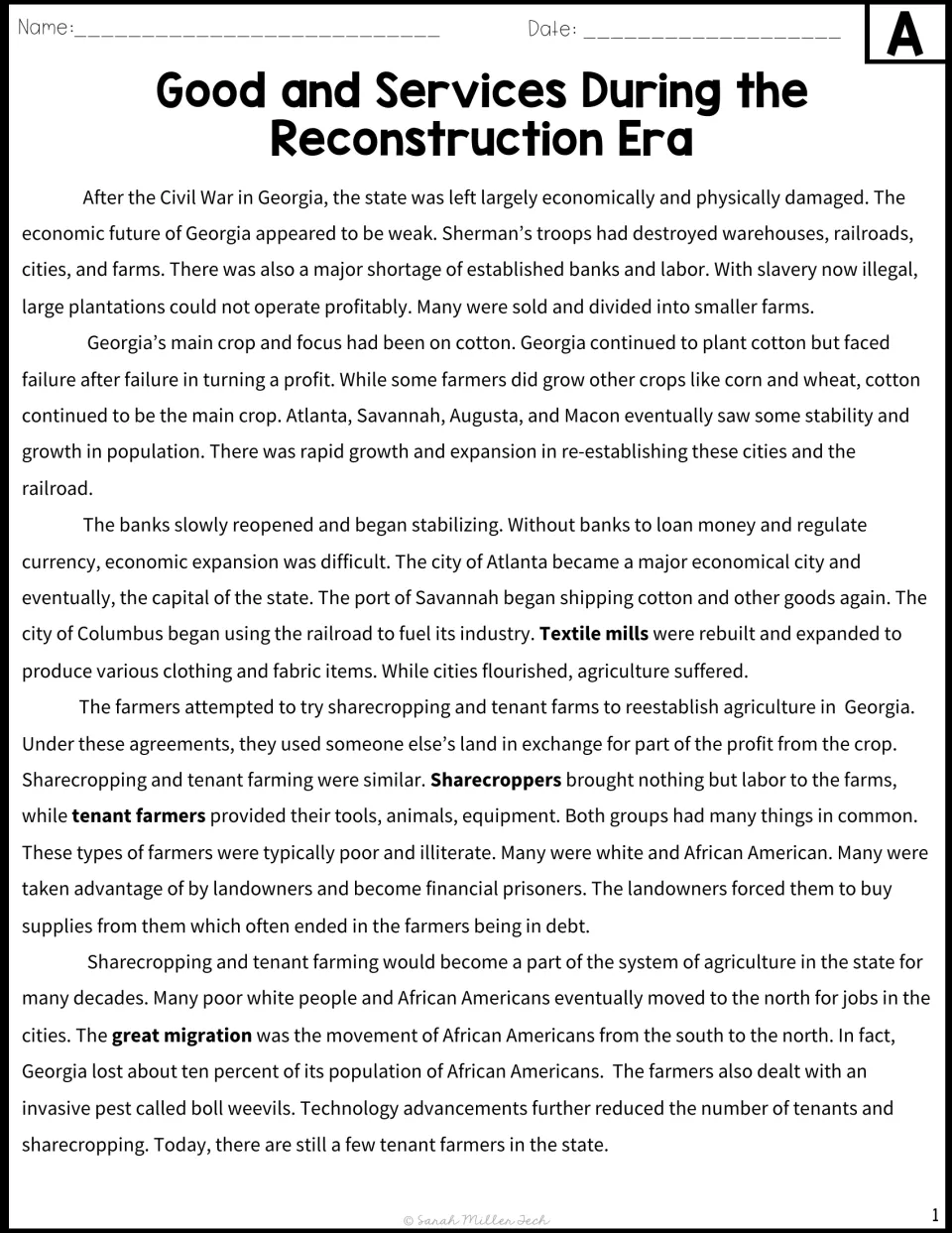 Version A text on Reconstruction Georgia: students read about banks, textile mills, sharecropping and the Great Migration