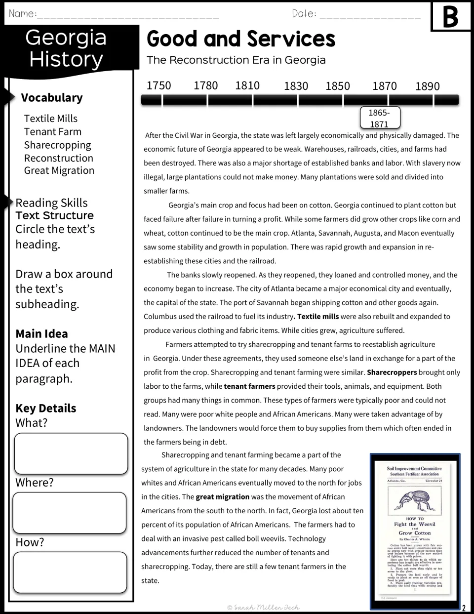 Version B passage on Reconstruction Georgia: students circle the heading, underline main ideas and note key details