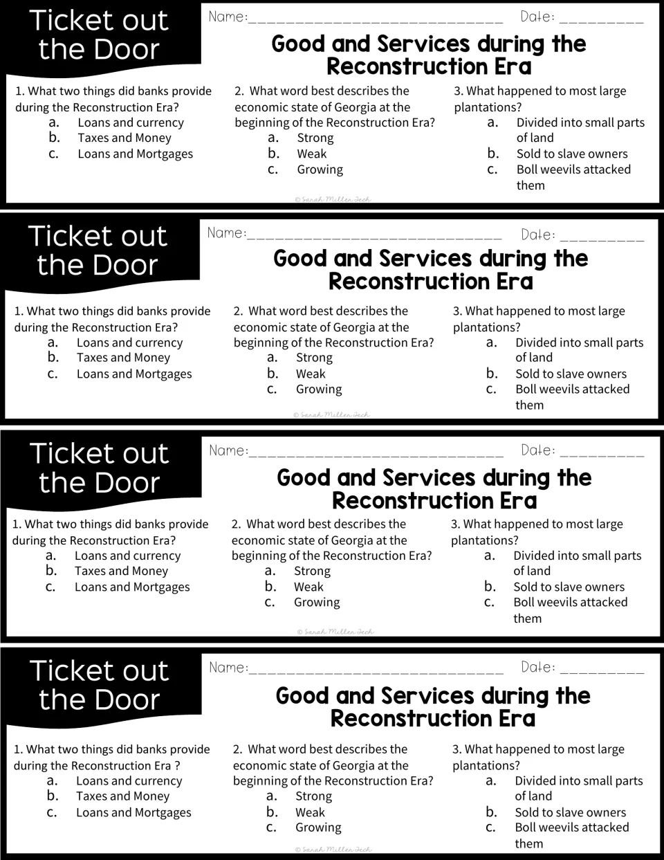 Four exit slips asking what banks provided, how Georgia's economy looked after the war, and what happened to plantations