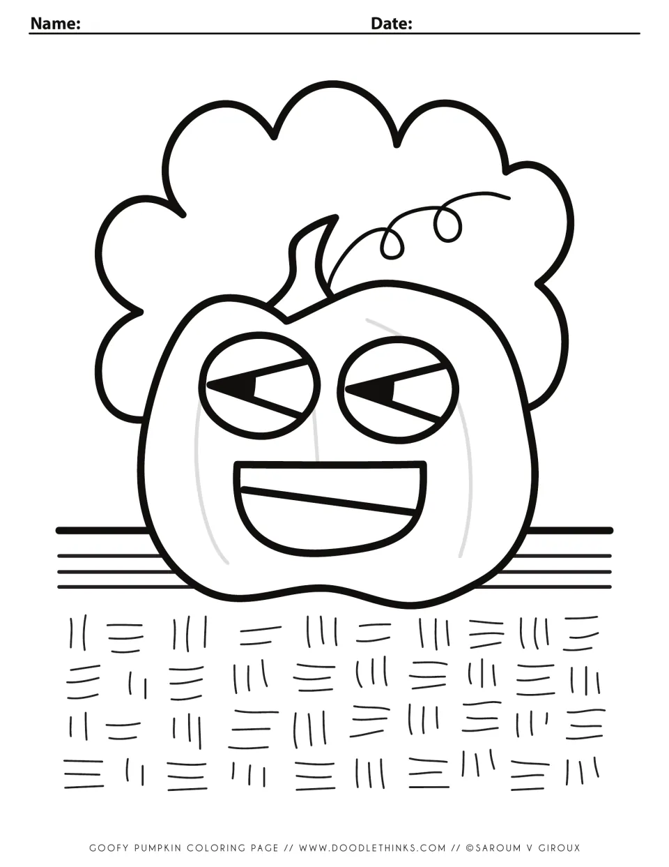 Goofy pumpkin coloring page: students color a grinning pumpkin with curly hair and a stem above a woven pattern