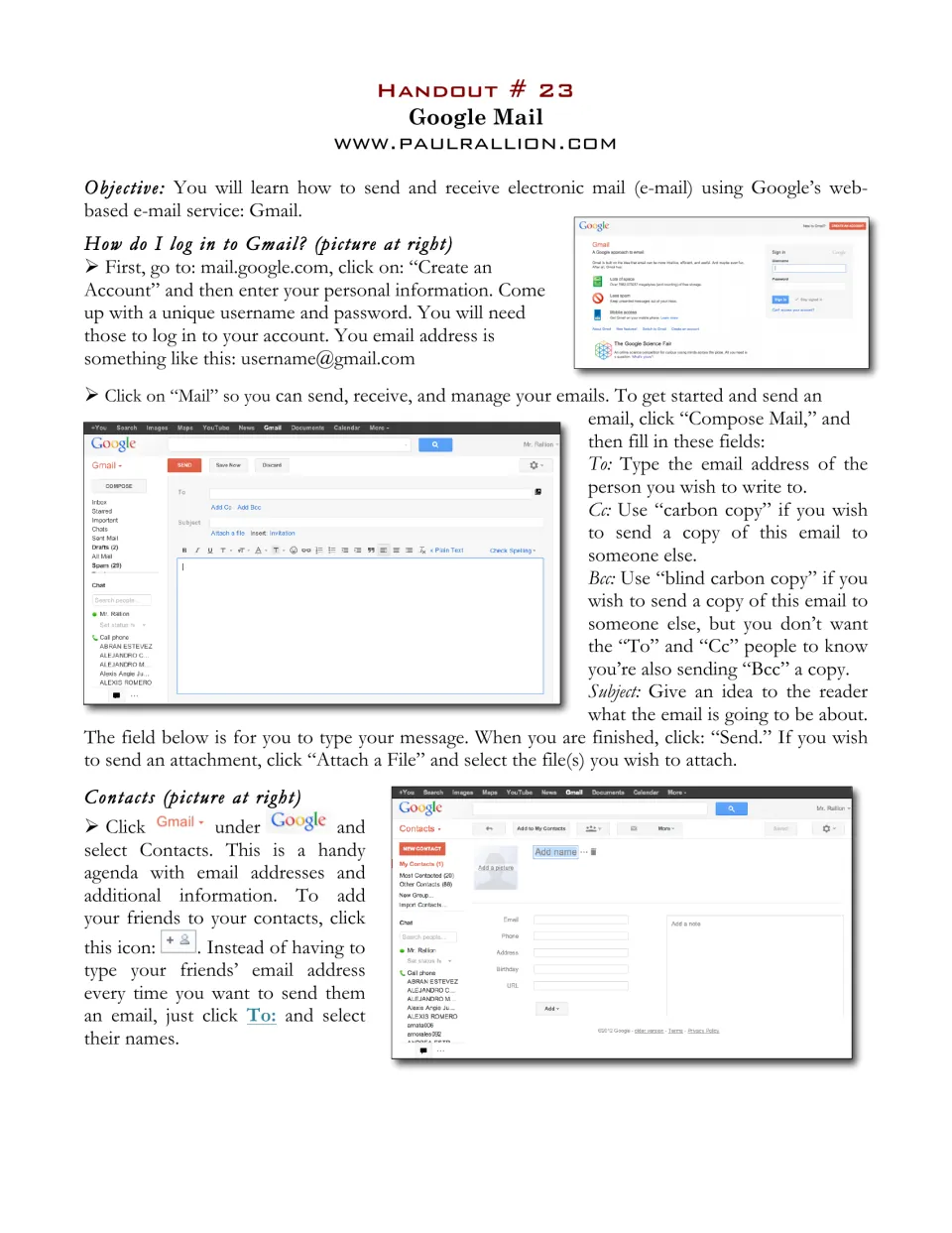 Google Mail handout 23 explains Gmail login, composing email, To, Cc, Bcc, attachments, and contacts