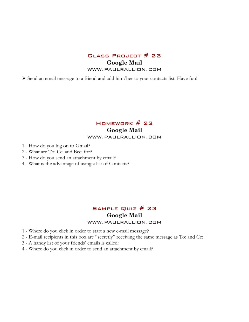 Google Mail project asks students to email a friend and add a contact, followed by homework and a quiz