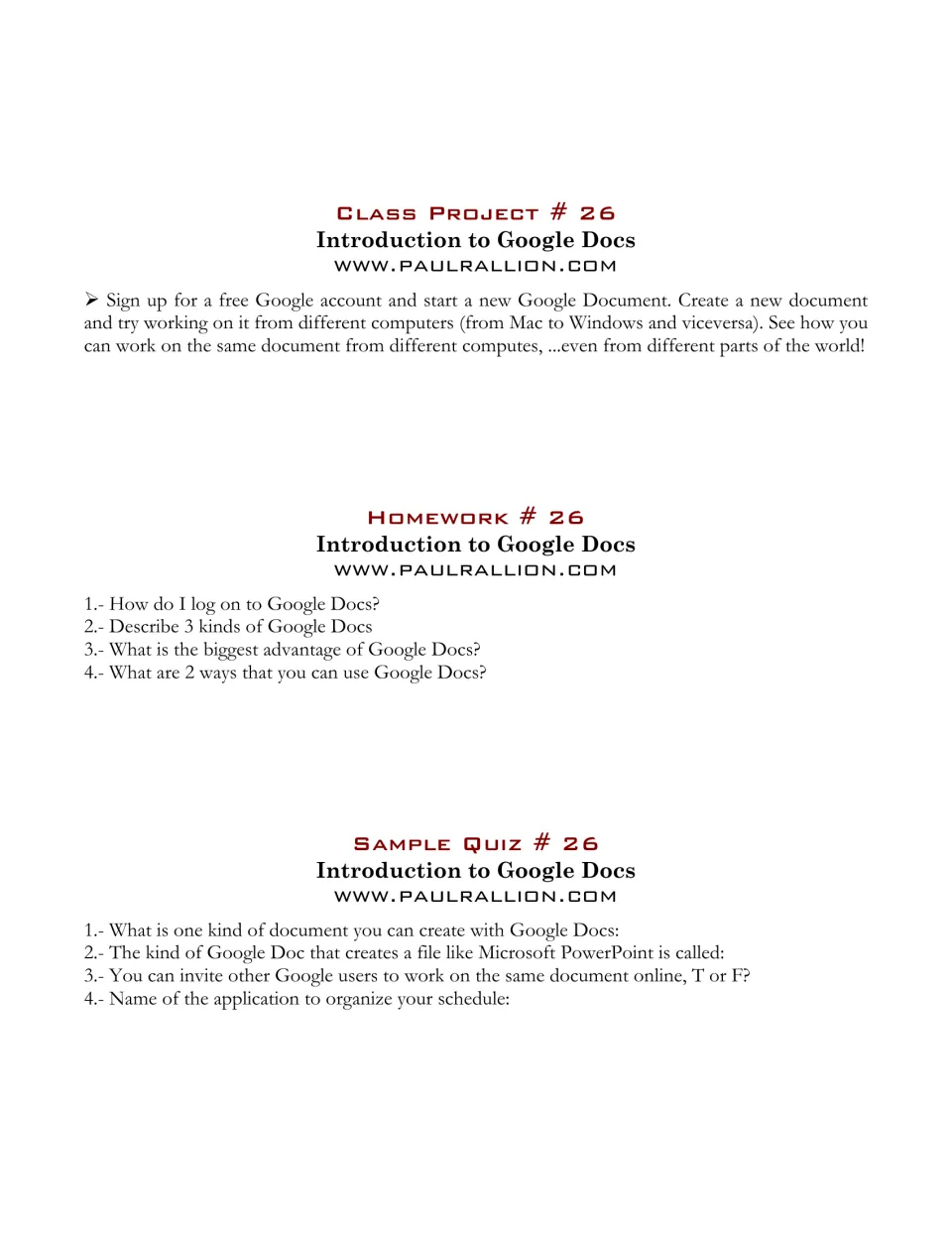 Introduction project asks students to create a Google document and use different computers; review questions follow