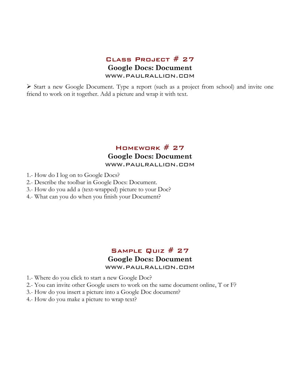 Document project asks students to share a report and add a text-wrapped picture; homework and quiz follow