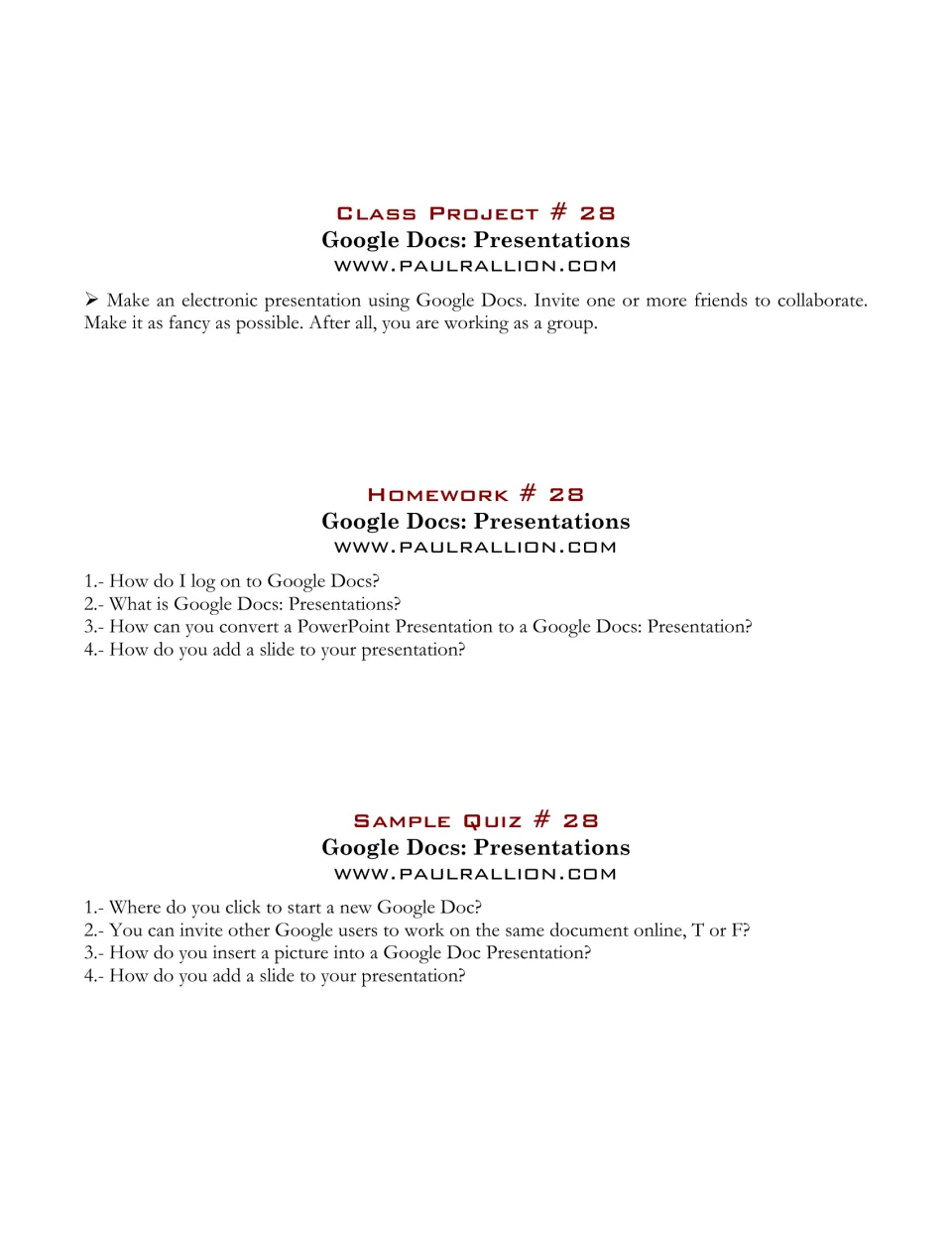 Presentations project asks students to make slides with collaborators, followed by homework and a sample quiz