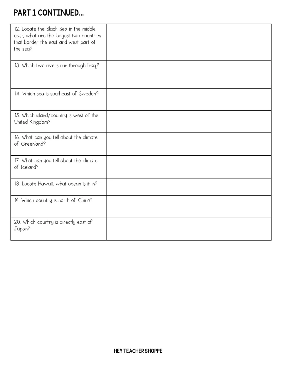 Part 1 continued: map questions 12-20 on the Black Sea, rivers of Iraq, Hawaii's ocean and Greenland and Iceland climates