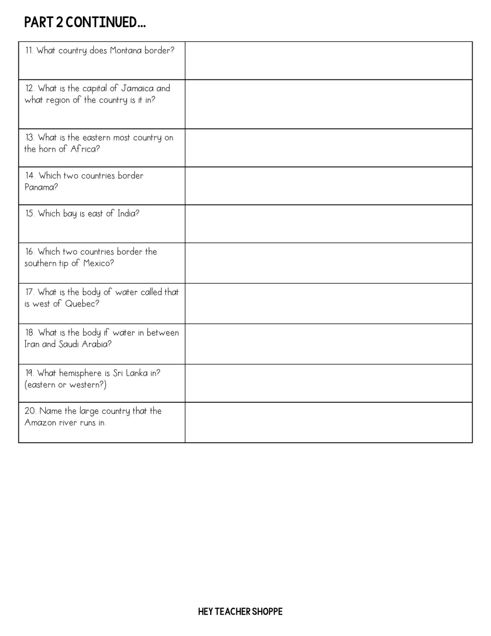 Part 2 continued: questions 11-20 on Panama's borders, the capital of Jamaica, the bay east of India and the Amazon River