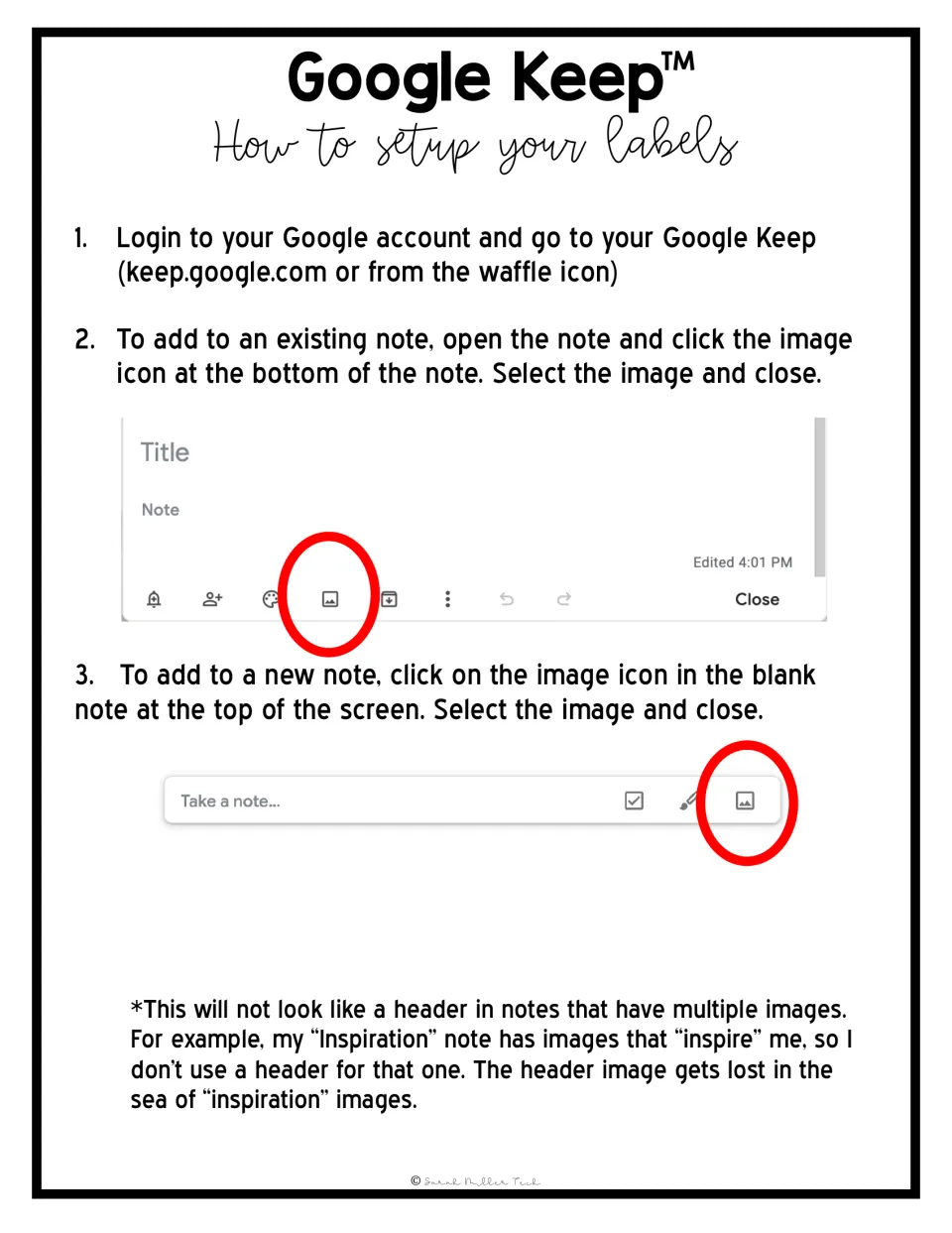 Setup directions for Google Keep labels: sign in and add a label image to an existing note or a new note.