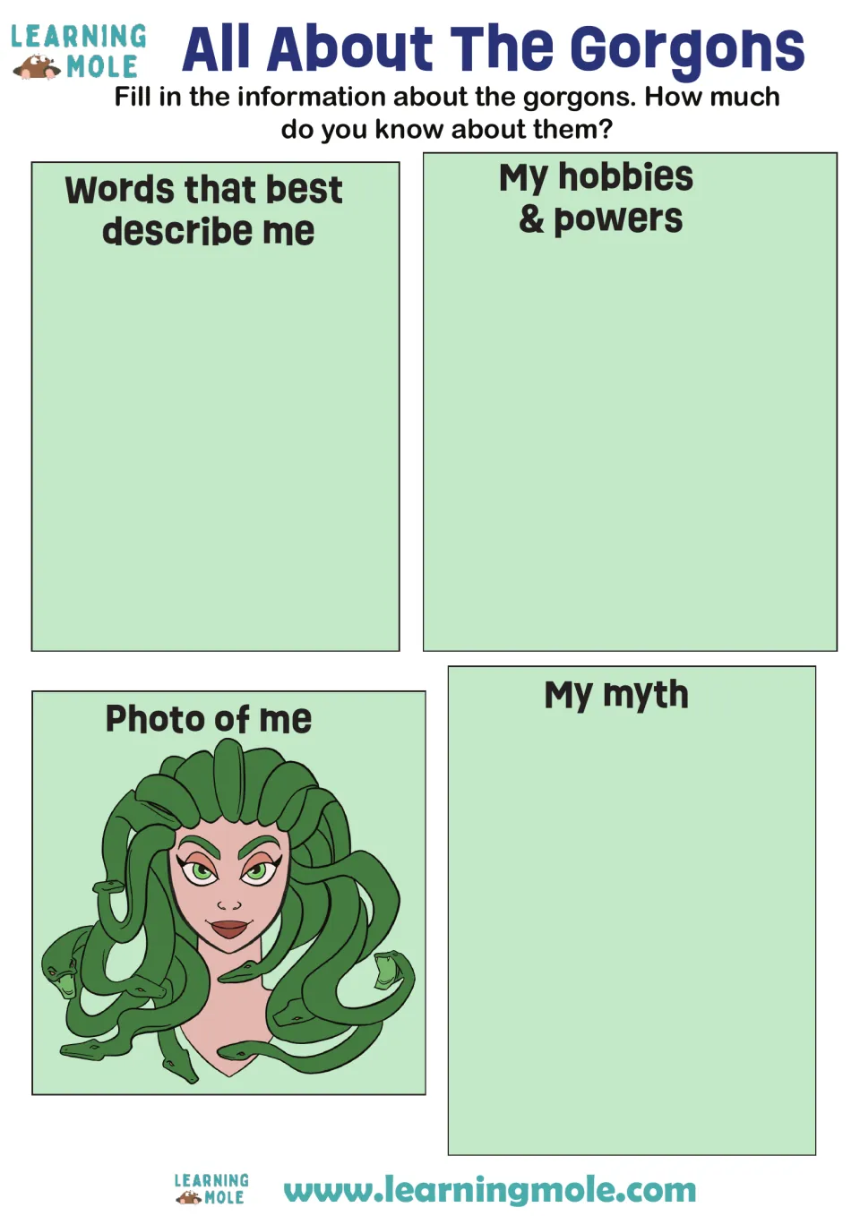All About The Gorgons: students write describing words, hobbies and powers, and the myth beside a snake-haired gorgon