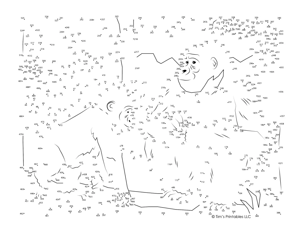 Two gorillas in a jungle: students join numbered dots from 1 to 526 in order to reveal the apes, trees and vines
