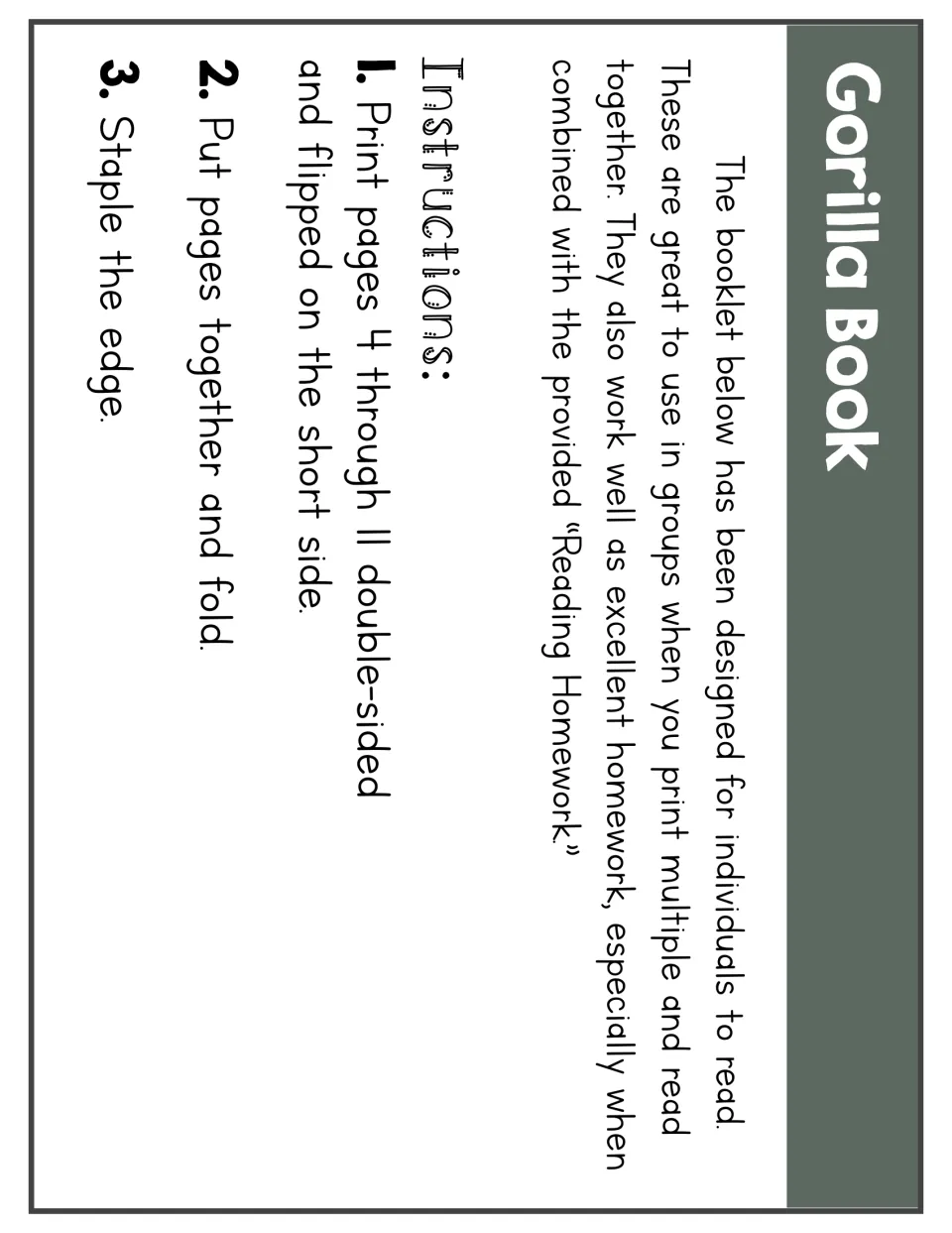 Gorilla booklet assembly instructions: print pages 4–11 double-sided, flip on the short side, fold, and staple