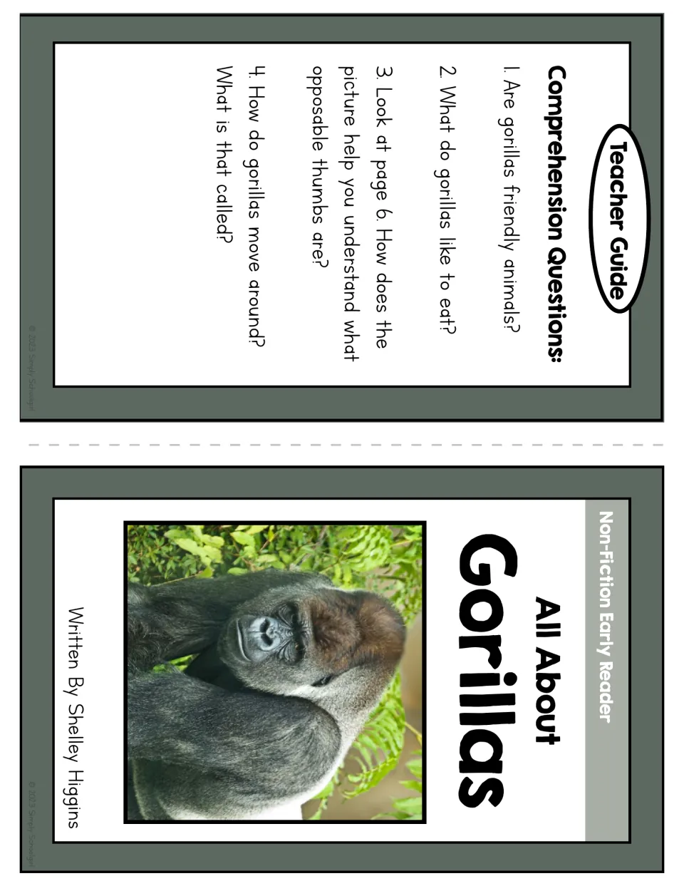 Booklet cover and teacher guide with four questions on gorilla friendliness, food, thumbs, and movement