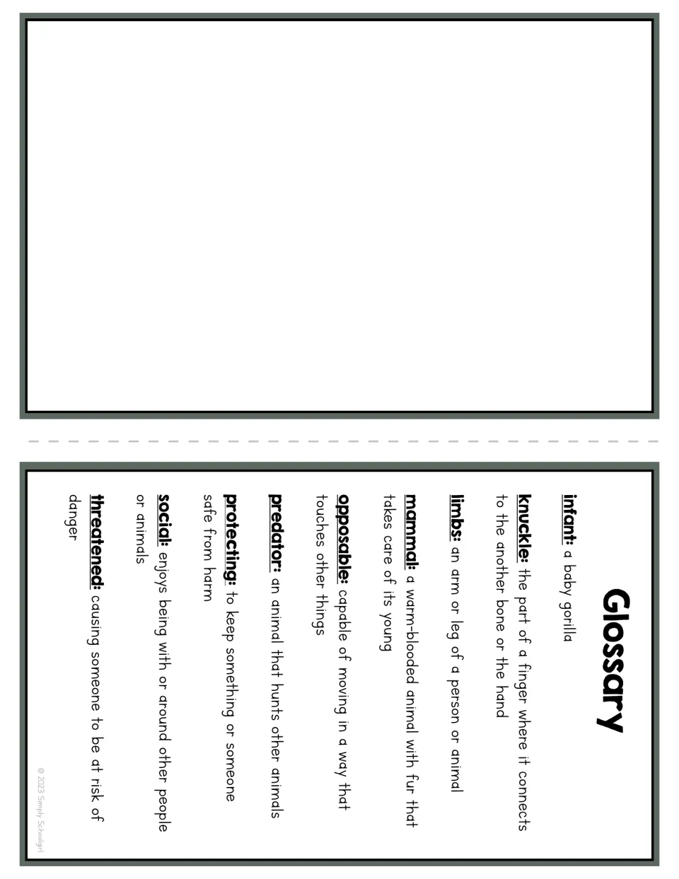 Booklet glossary defining infant, knuckle, limbs, mammal, opposable, predator, protecting, social, and threatened