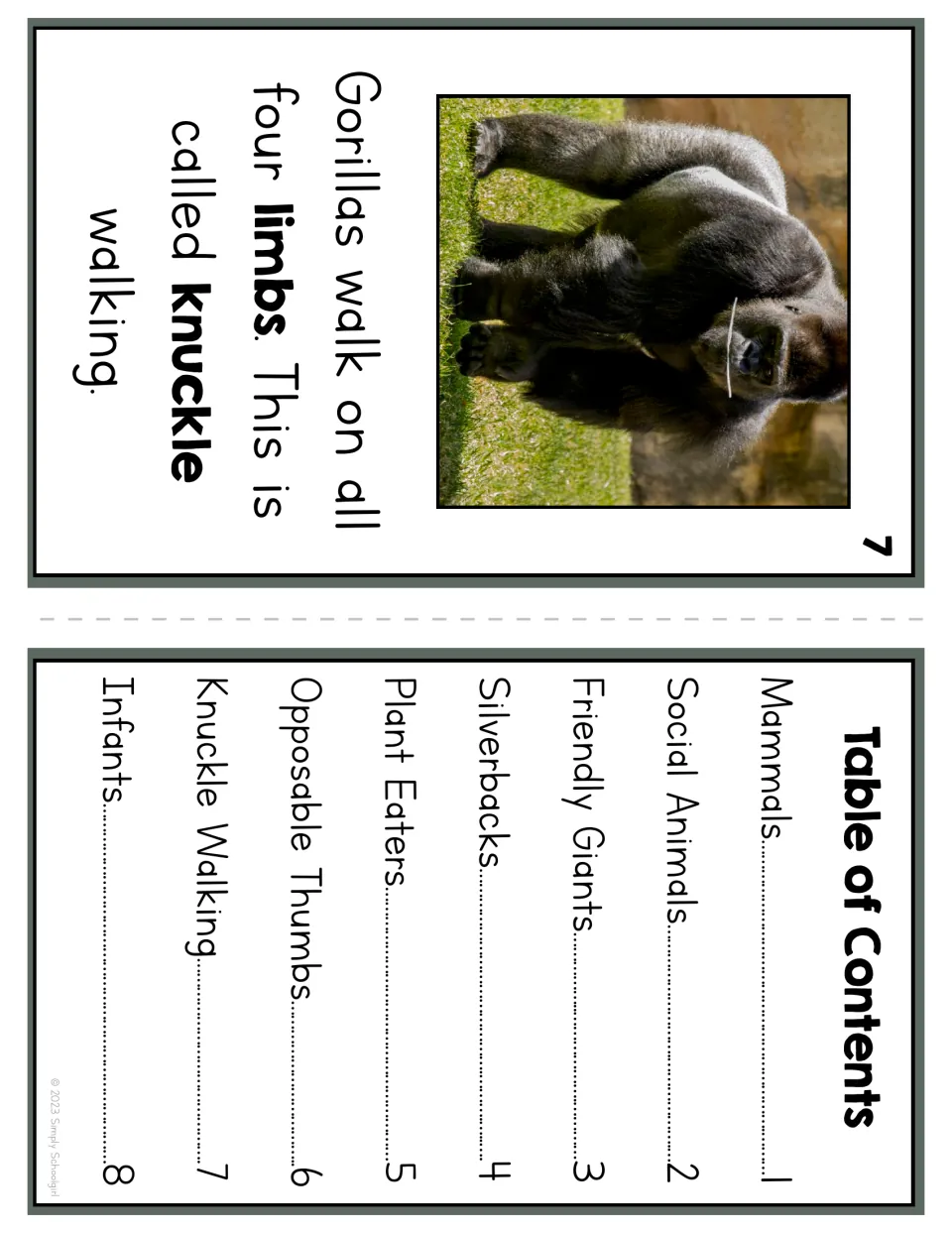 Reader page 7 explains knuckle walking on all four limbs; the table of contents lists eight reading topics