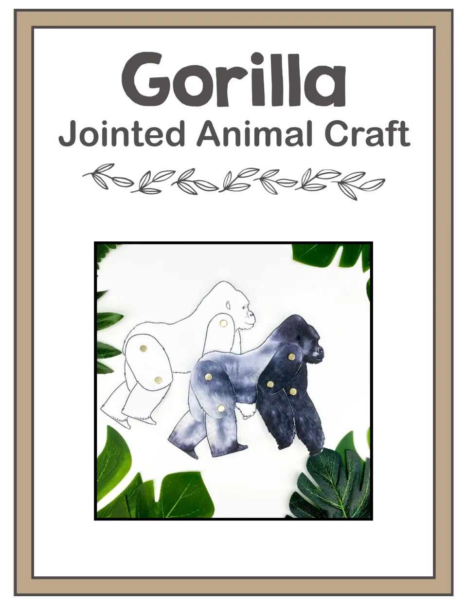 Gorilla jointed animal craft cover showing a colored gorilla and an outline gorilla joined at the limbs with brass brads
