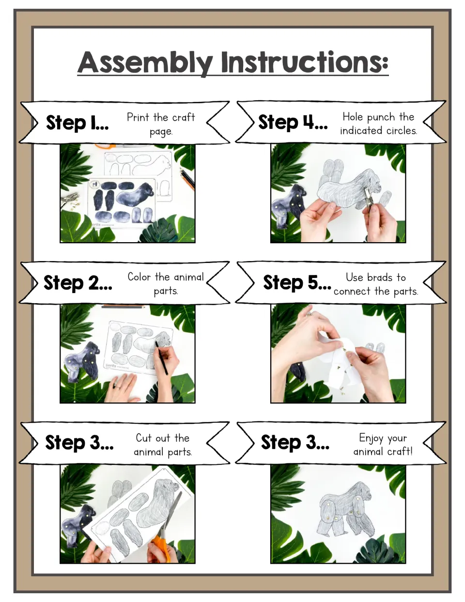 Assembly steps for the gorilla craft: print, color, cut out, hole punch and join parts with brads, shown with photos