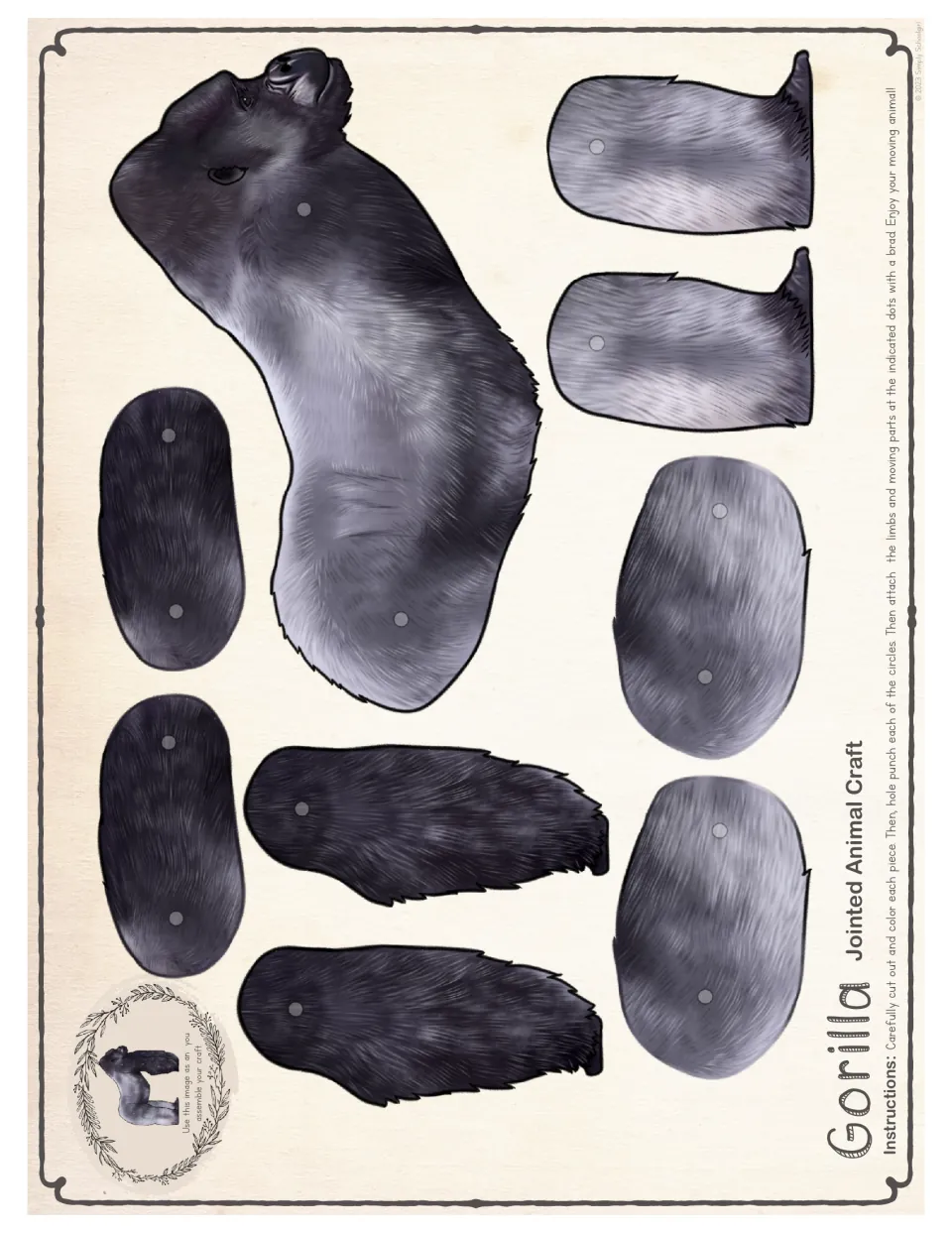 Harder version cut-out pieces in realistic color: gorilla body and eight limb pieces, including two feet, with brad dots