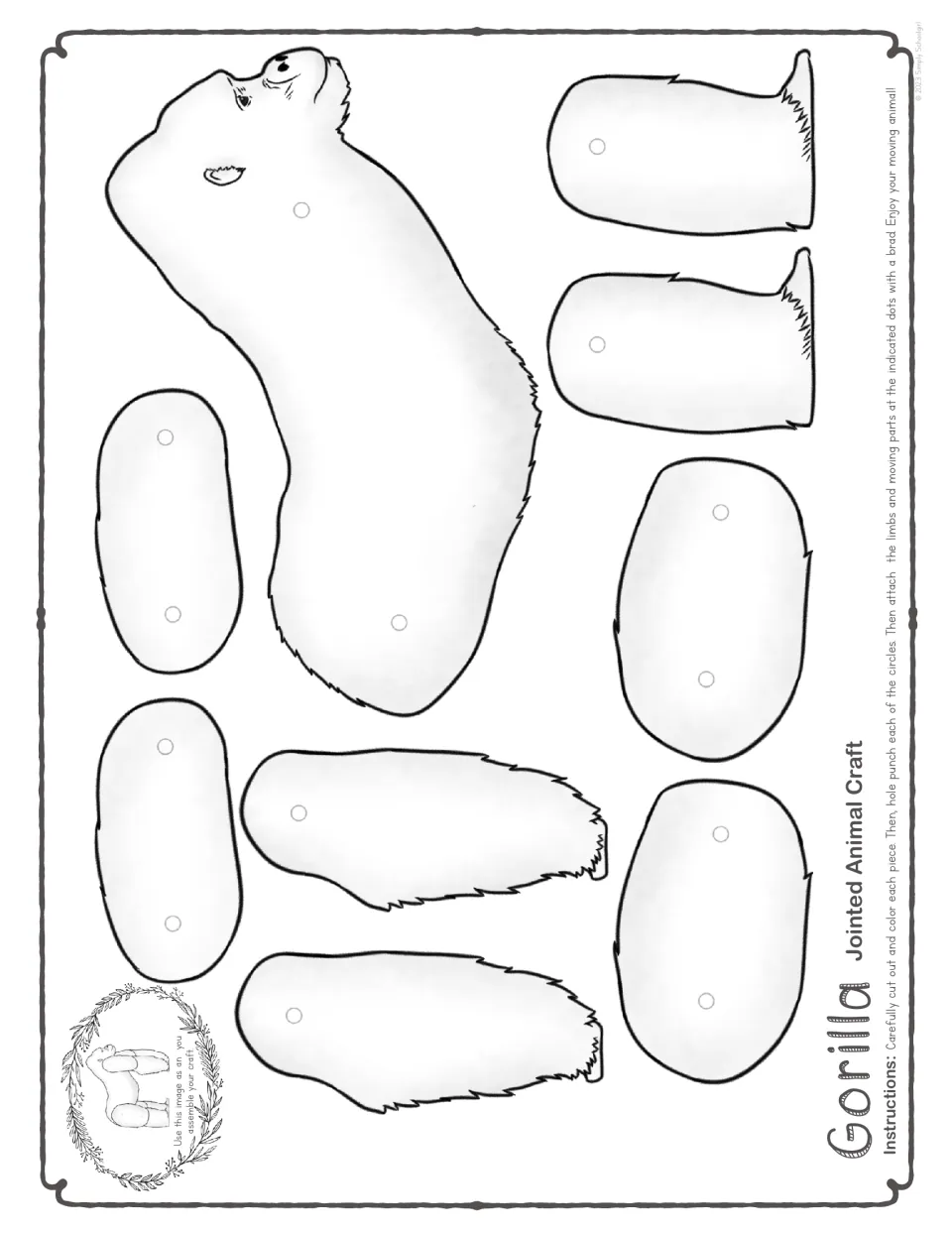 Harder version cut-out pieces in black and white for students to color: gorilla body plus eight limb pieces