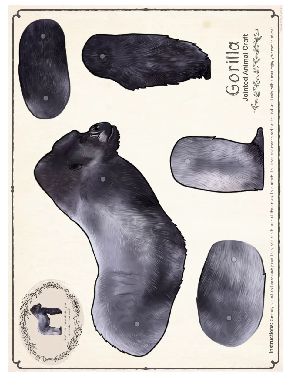 Easier version cut-out pieces in realistic color: large gorilla body and four limb pieces, each marked with brad dots