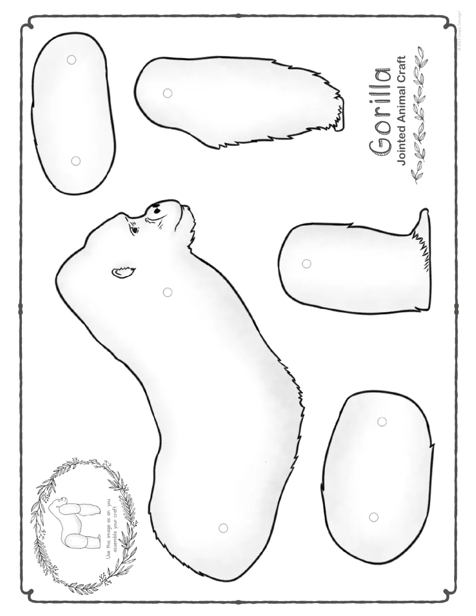 Easier version cut-out pieces in black and white for students to color: gorilla body and four limb pieces
