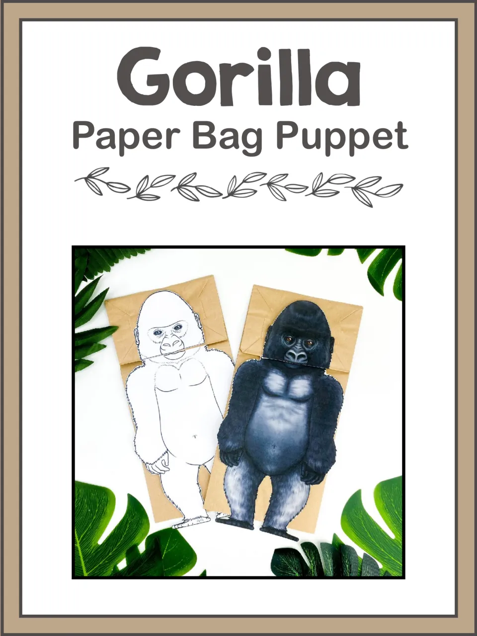 Gorilla paper bag puppet cover: two finished examples, one in black-and-white line art and one fully colored