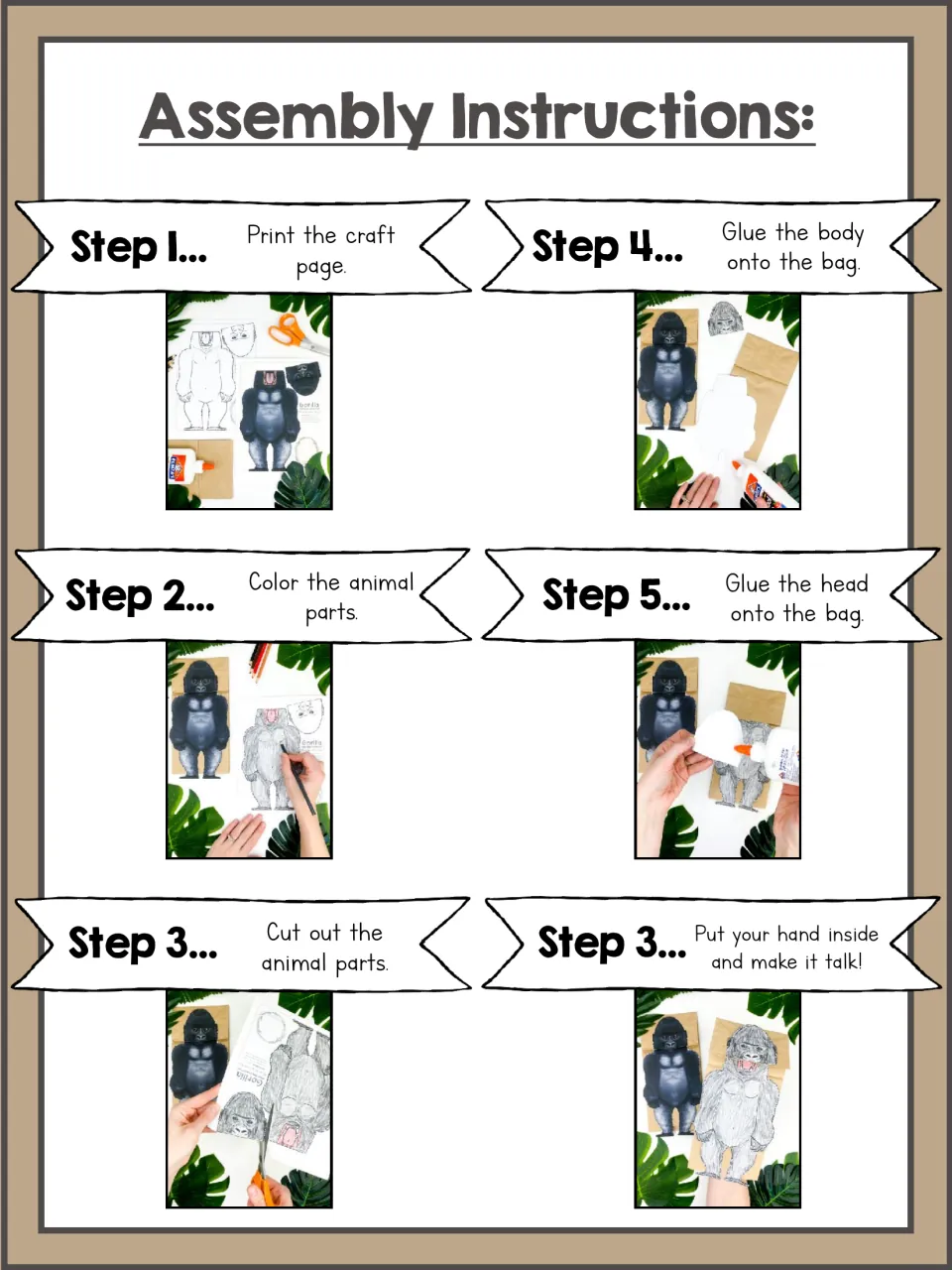 Puppet assembly steps with photos: print, color and cut out the gorilla parts, glue body then head onto a bag, then talk