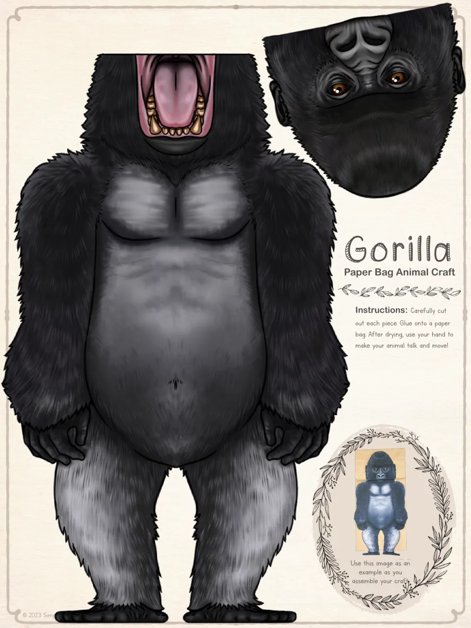 Full-color gorilla cut-out pieces: a standing body with open mouth and an upside-down face flap, plus cut and glue steps