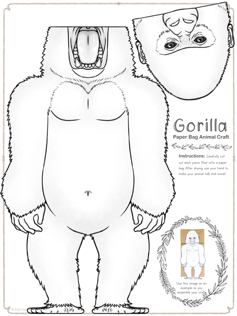 Black-and-white gorilla body and face flap to color and cut out, with glue instructions and a small finished example