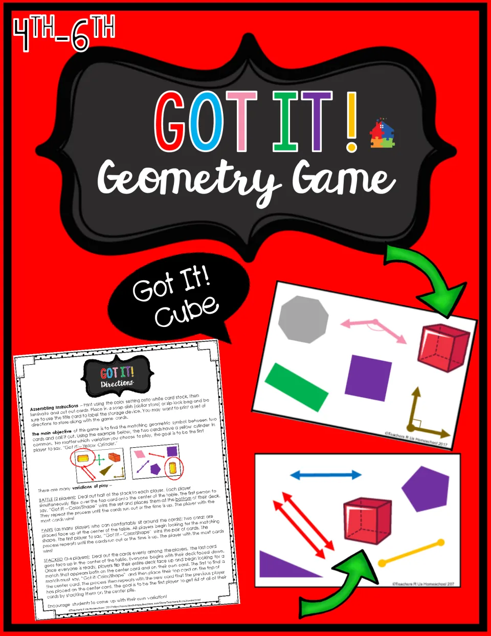Cover of Got It! Geometry Game for 4th-6th, showing sample matching cards and a “Got It! Cube” callout