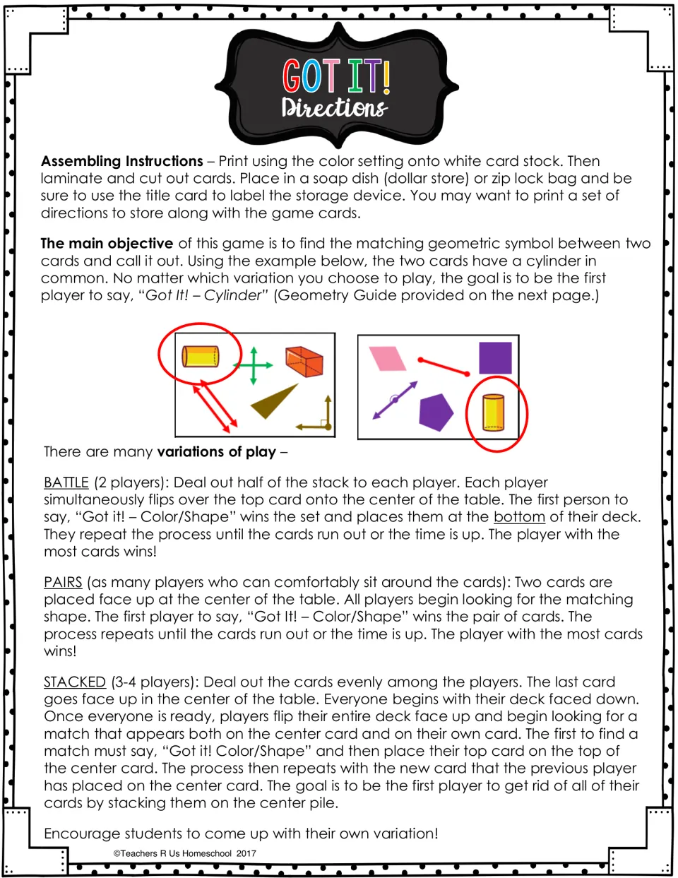 Game directions explain assembly, matching geometric symbols, and Battle, Pairs, and Stacked play